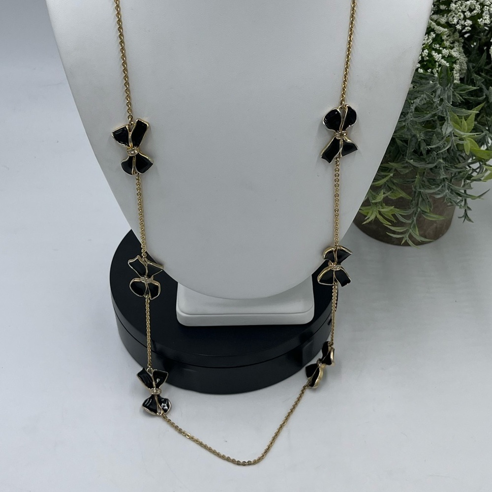J. Crew Black Bow Enamel Rhinestone Gold Tone Station‎ Classic Necklace Jewelry